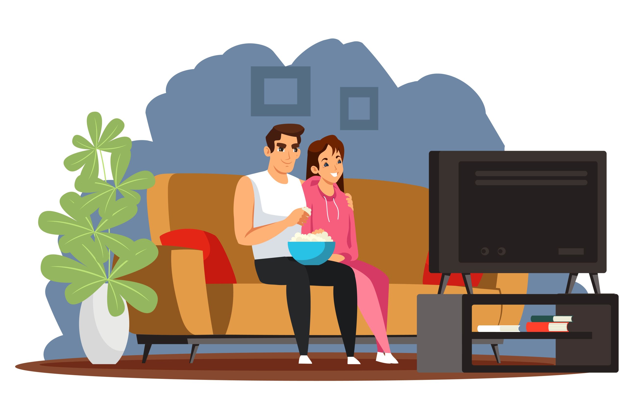 Happy couple watching tv at home young family at house sitting on couch watching television and eating popcorn together Love and romance at house with modern interior design - Gen IPTV WATCH geniptv