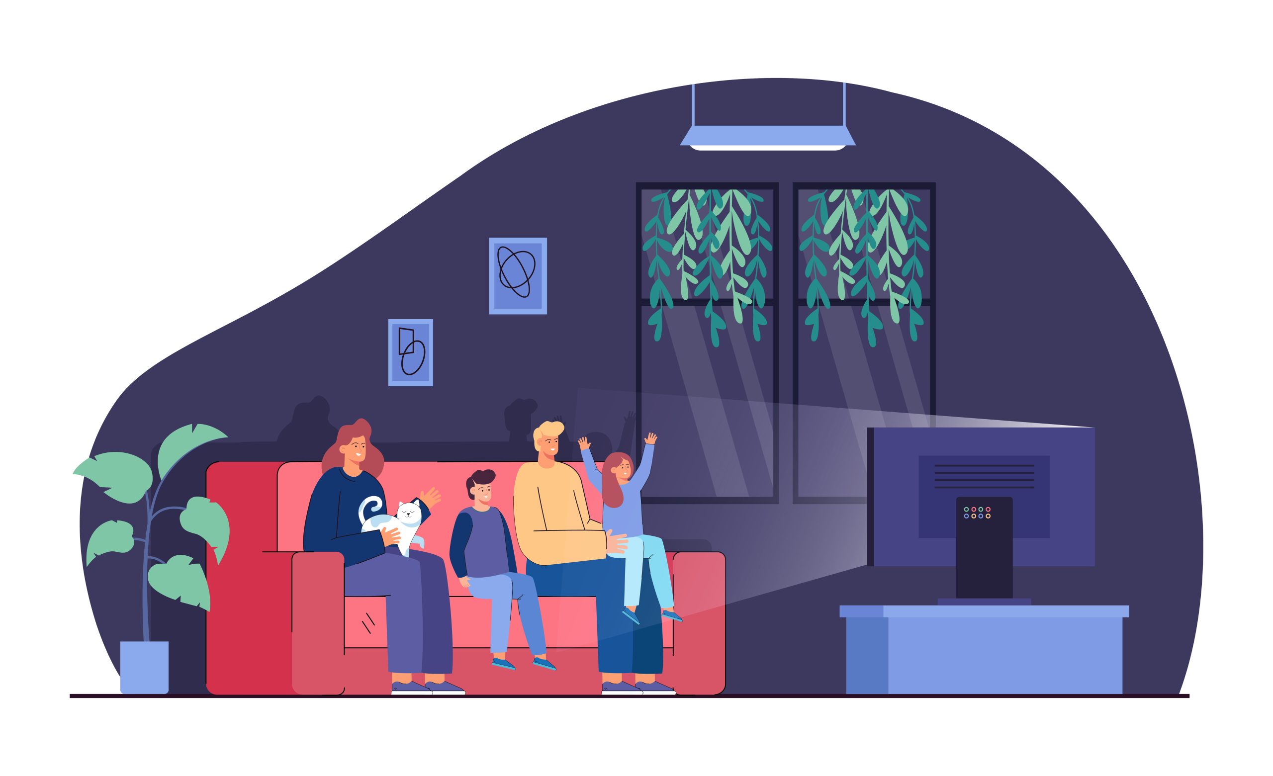 Happy family watching TV at night flat vector illustration - Gen IPTV geniptv